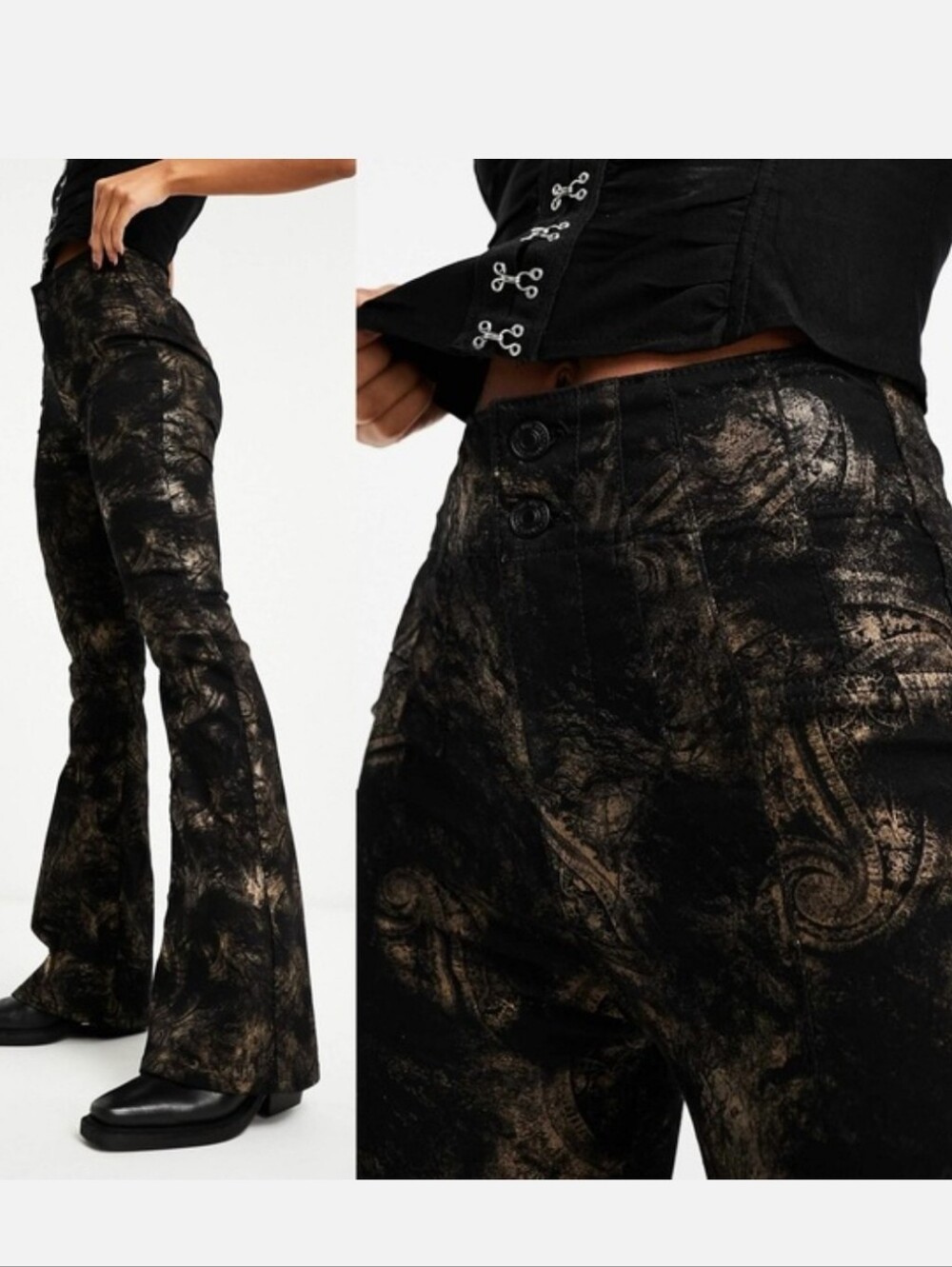 We The Free Jayde Printed Metallic Flare Jeans Gold Paisley Black Denim 25 Pants